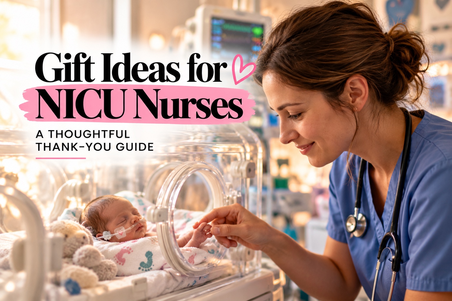 Gift Ideas for NICU Nurses: A Thoughtful Thank-You Guide. A NICU nurse gently holds a newborn's hand beside an incubator.