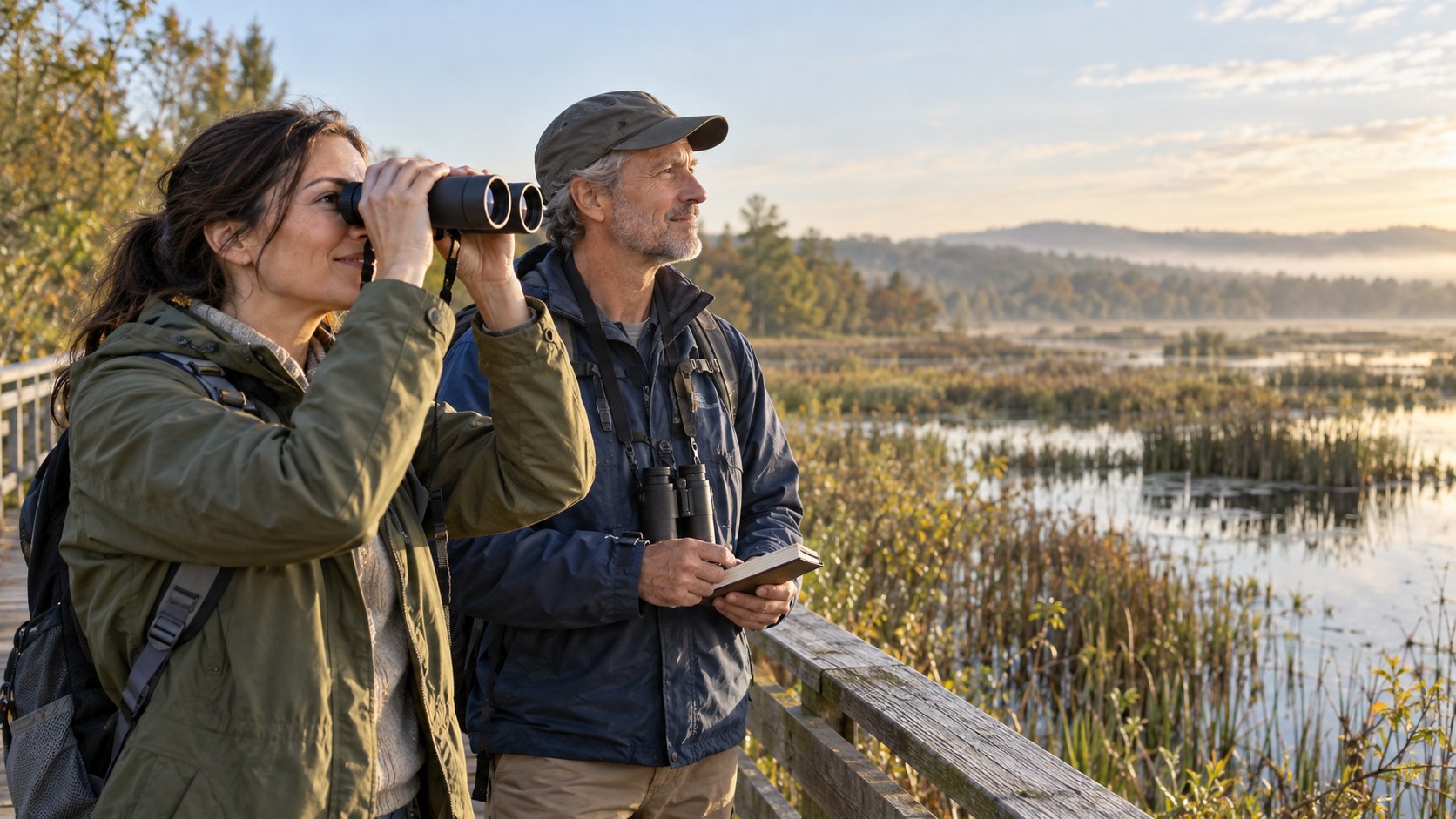 Two birdwatchers enjoying a quiet wetland morning with binoculars and a notebook