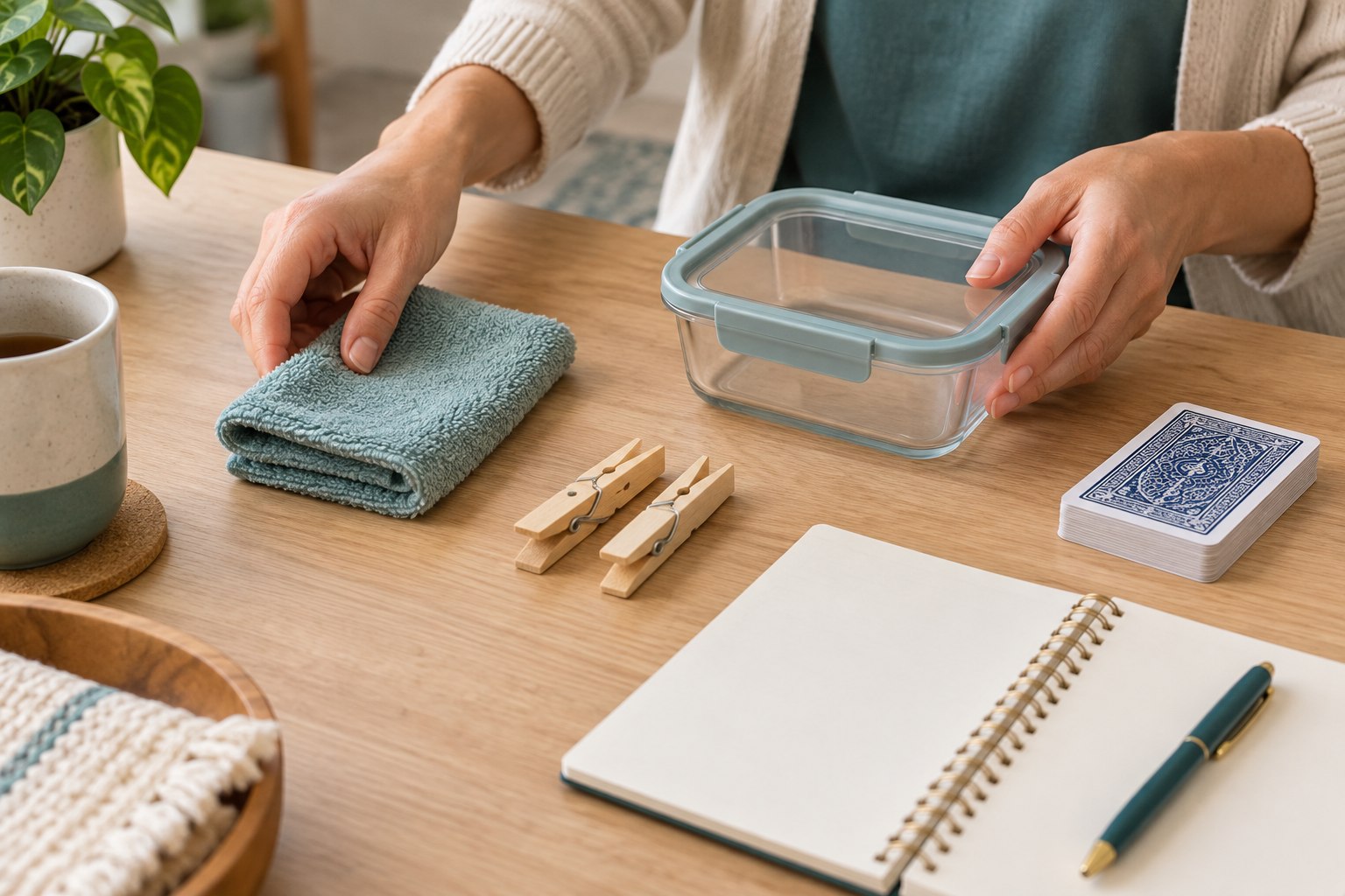 Everyday materials including towels clothespins containers and cards for occupational therapy activity ideas