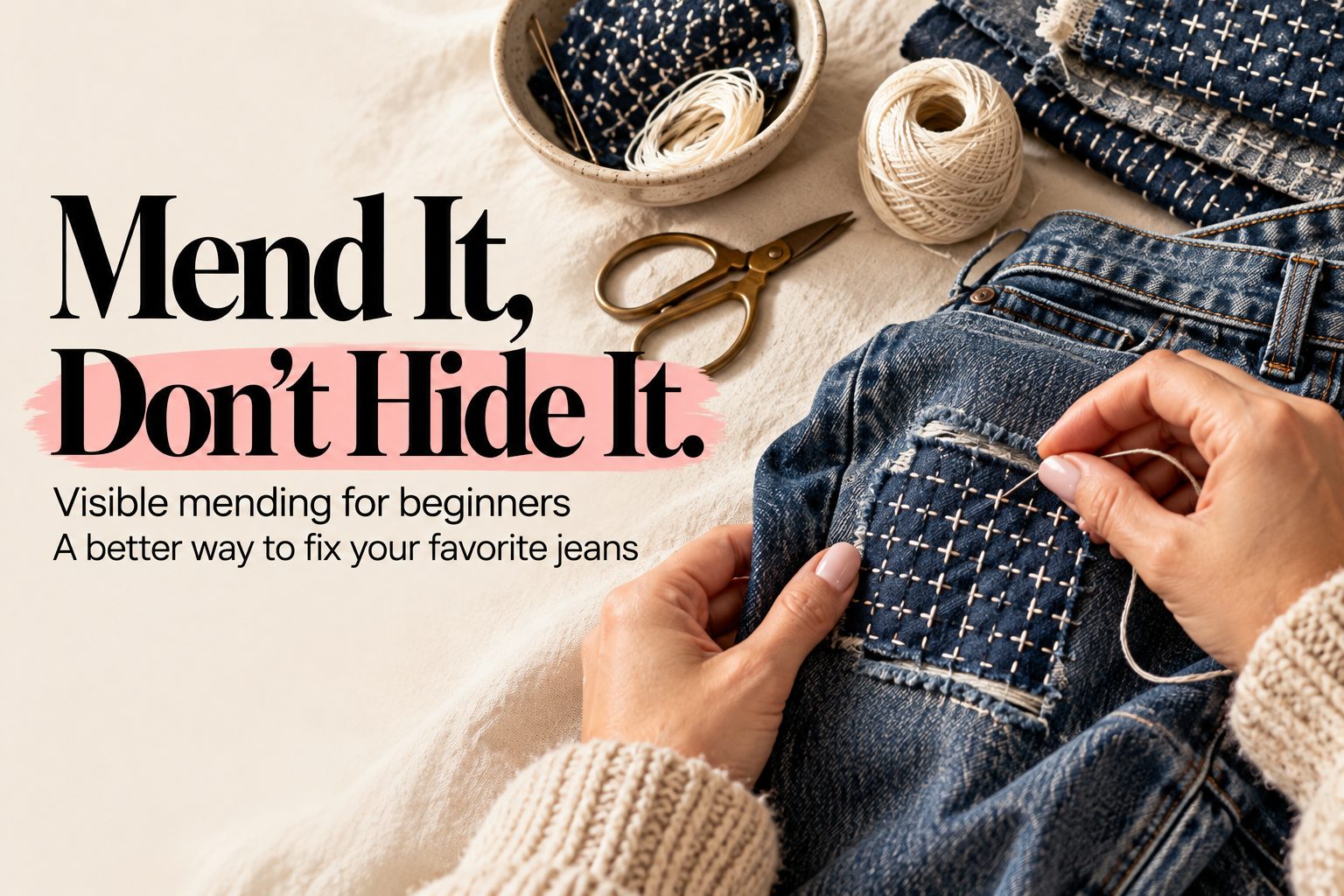 Visible mending for beginners cover with large black serif text on a soft blush brushstroke and denim being repaired by hand