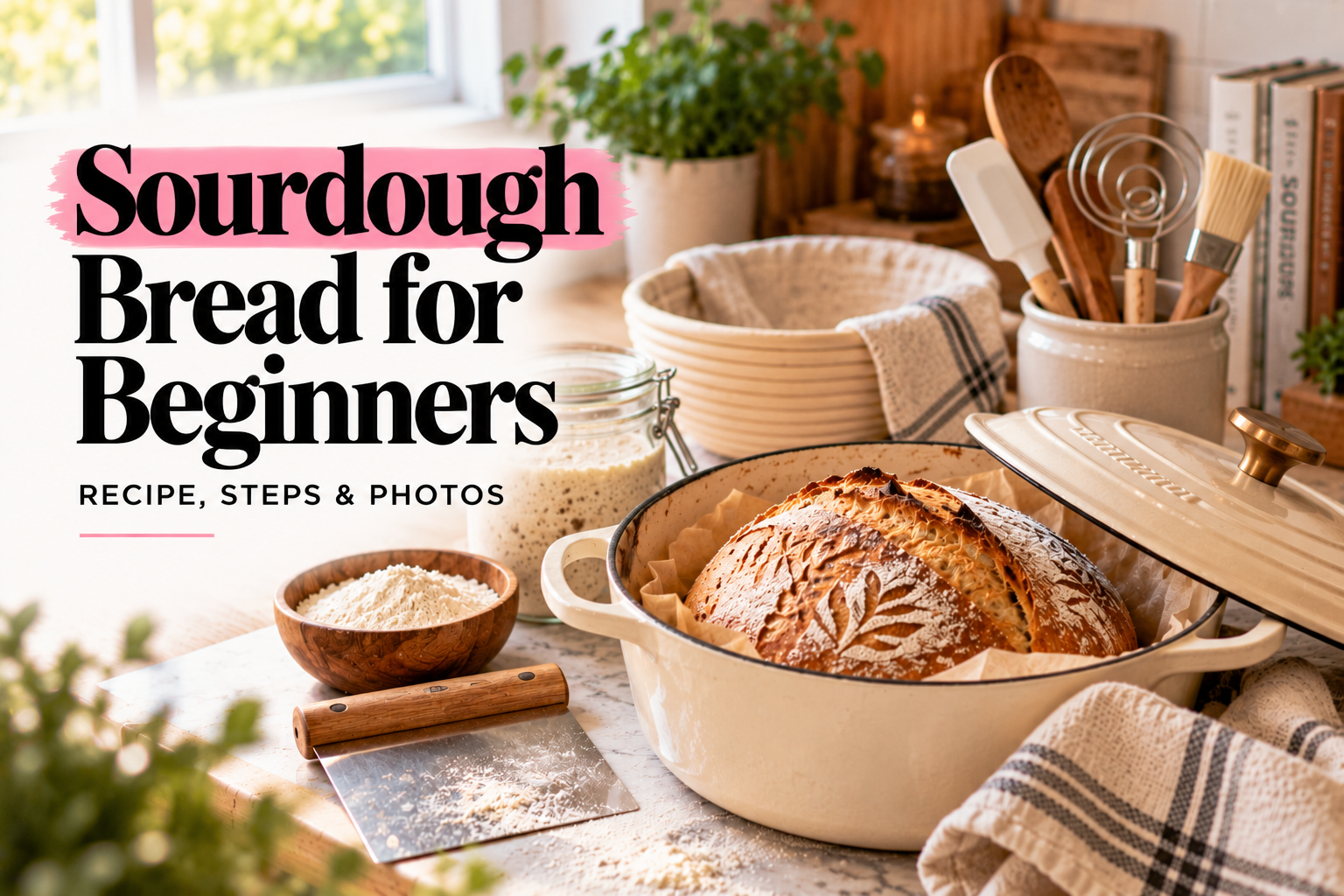 Sourdough Bread for Beginners: Recipe, Steps & Photos, with a freshly baked loaf in a Dutch oven and baking tools.